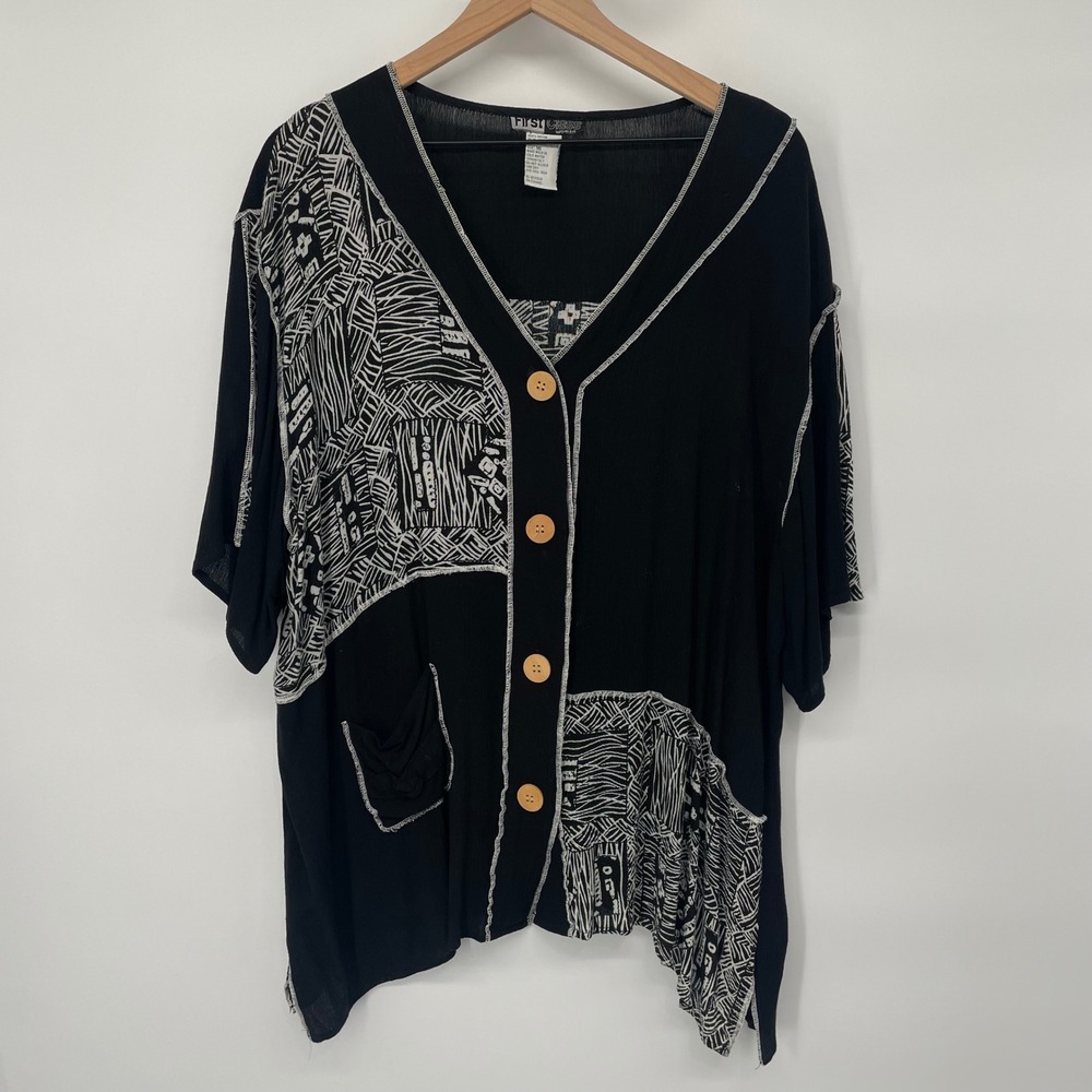 VTG 80s Lagenlook Tunic Size 16 Black Ivory Patchwork Oversize Cottagecore Boho‎